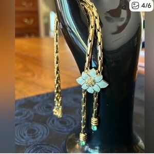 Turquoise Floral & Gold Lariat Necklace